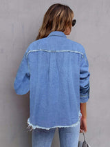 Pocketed Collared Neck Long Sleeve Denim Shirt - Trendsi - Flyclothing LLC