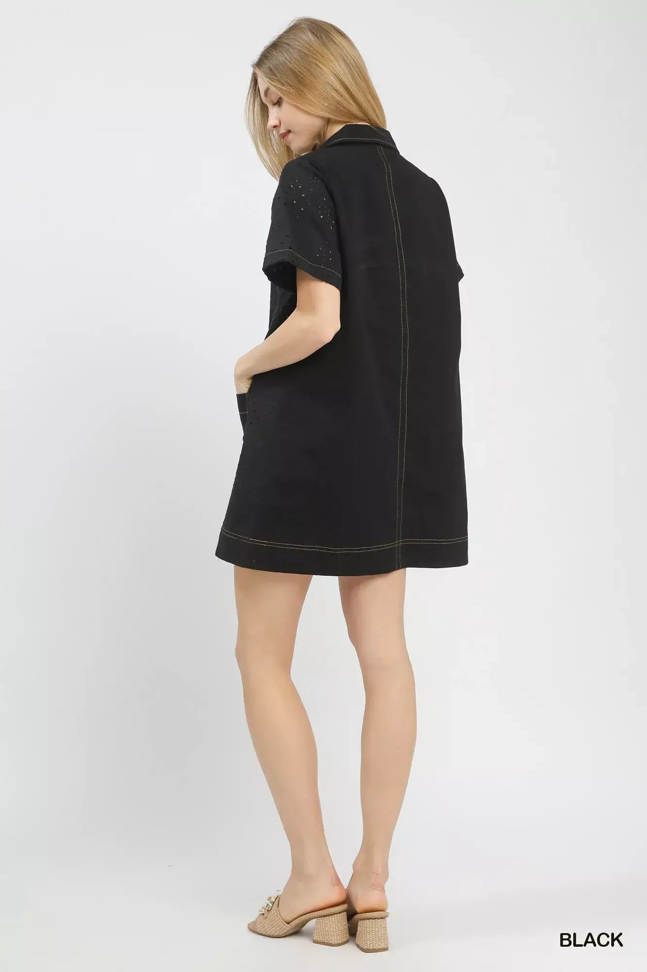 Umgee Eyelet Short Sleeve Shift Dress with Pocket - Trendsi - Flyclothing LLC