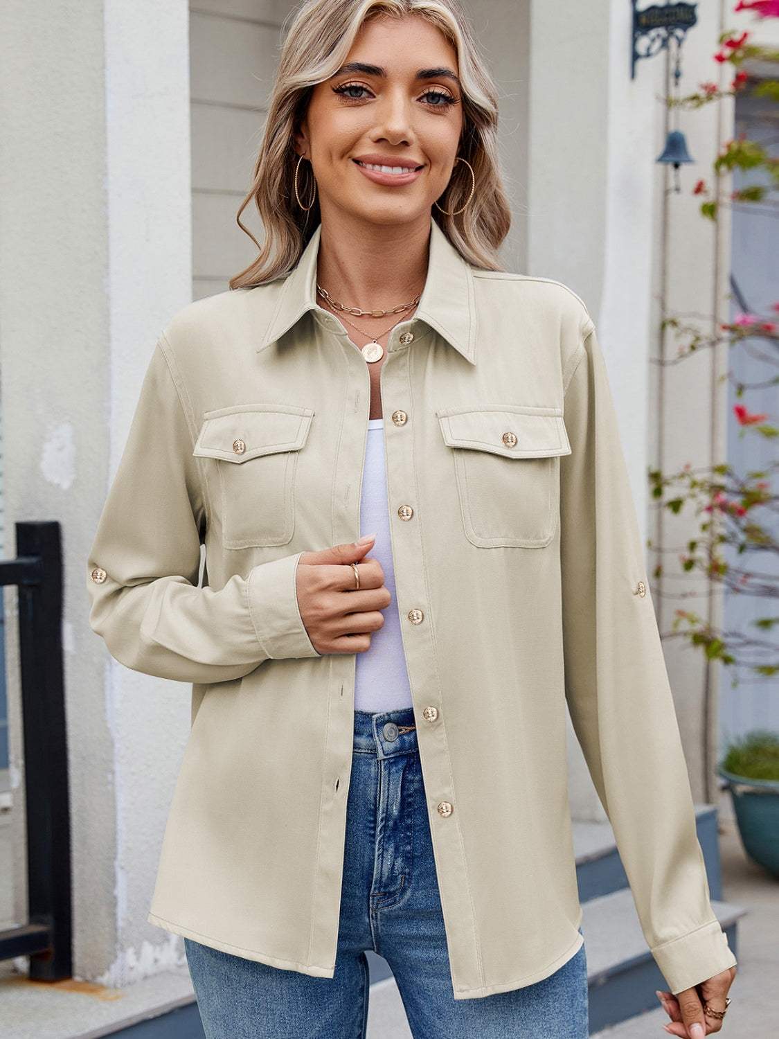 Solid Color Collared Neck Long Sleeve Shirt - Trendsi - Flyclothing LLC