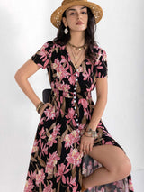 Floral V-Neck Slit Dress - Trendsi - Flyclothing LLC