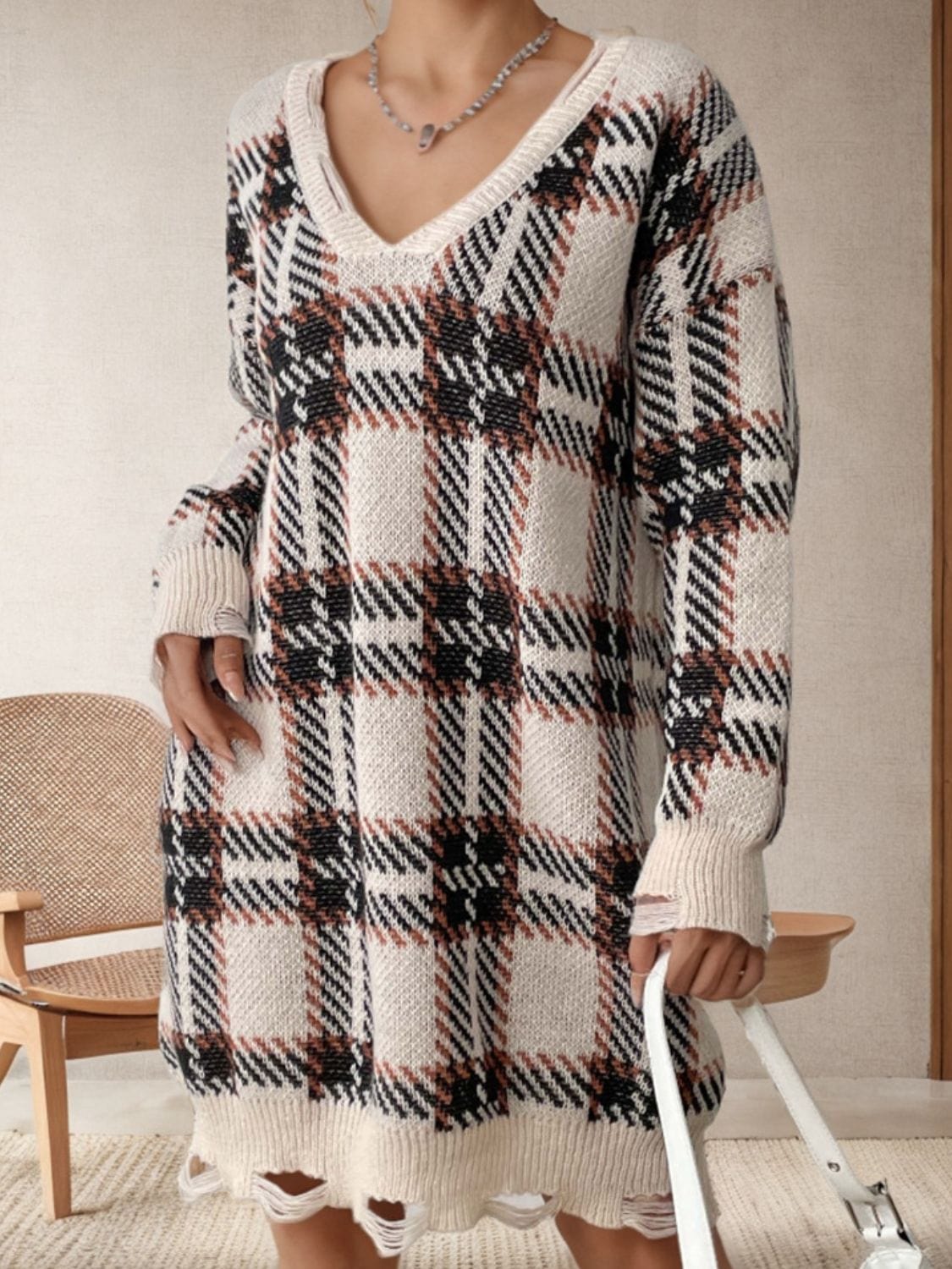 Distressed Plaid V-Neck Long Sleeve Sweater Dress - Trendsi