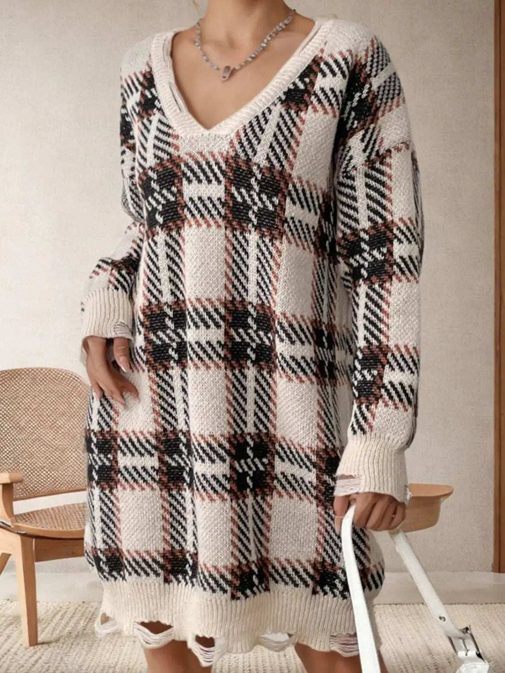 Distressed Plaid V-Neck Long Sleeve Sweater Dress - Trendsi - Flyclothing LLC