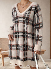 Distressed Plaid V-Neck Long Sleeve Sweater Dress - Trendsi
