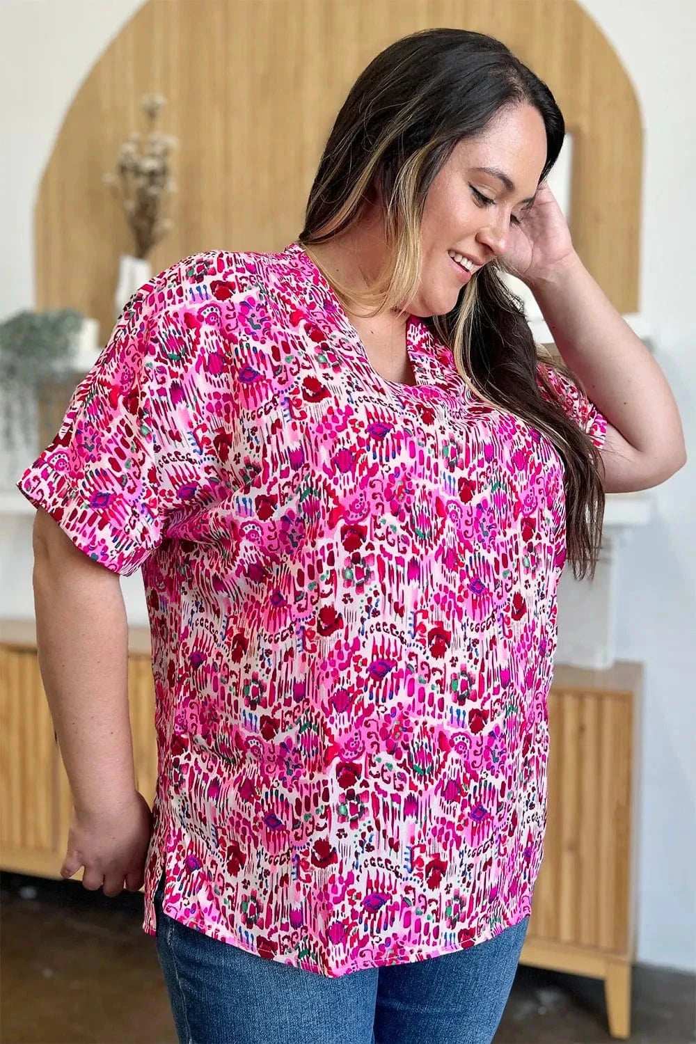 Double Take Full Size Printed V-Neck Short Sleeve Blouse - Trendsi - Flyclothing LLC