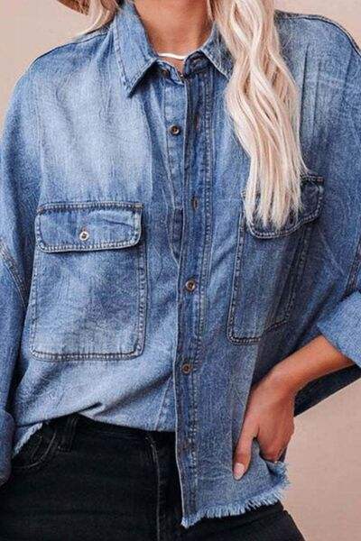 Collared Neck Raw Hem Long Sleeve Denim Shirt - Trendsi - Flyclothing LLC