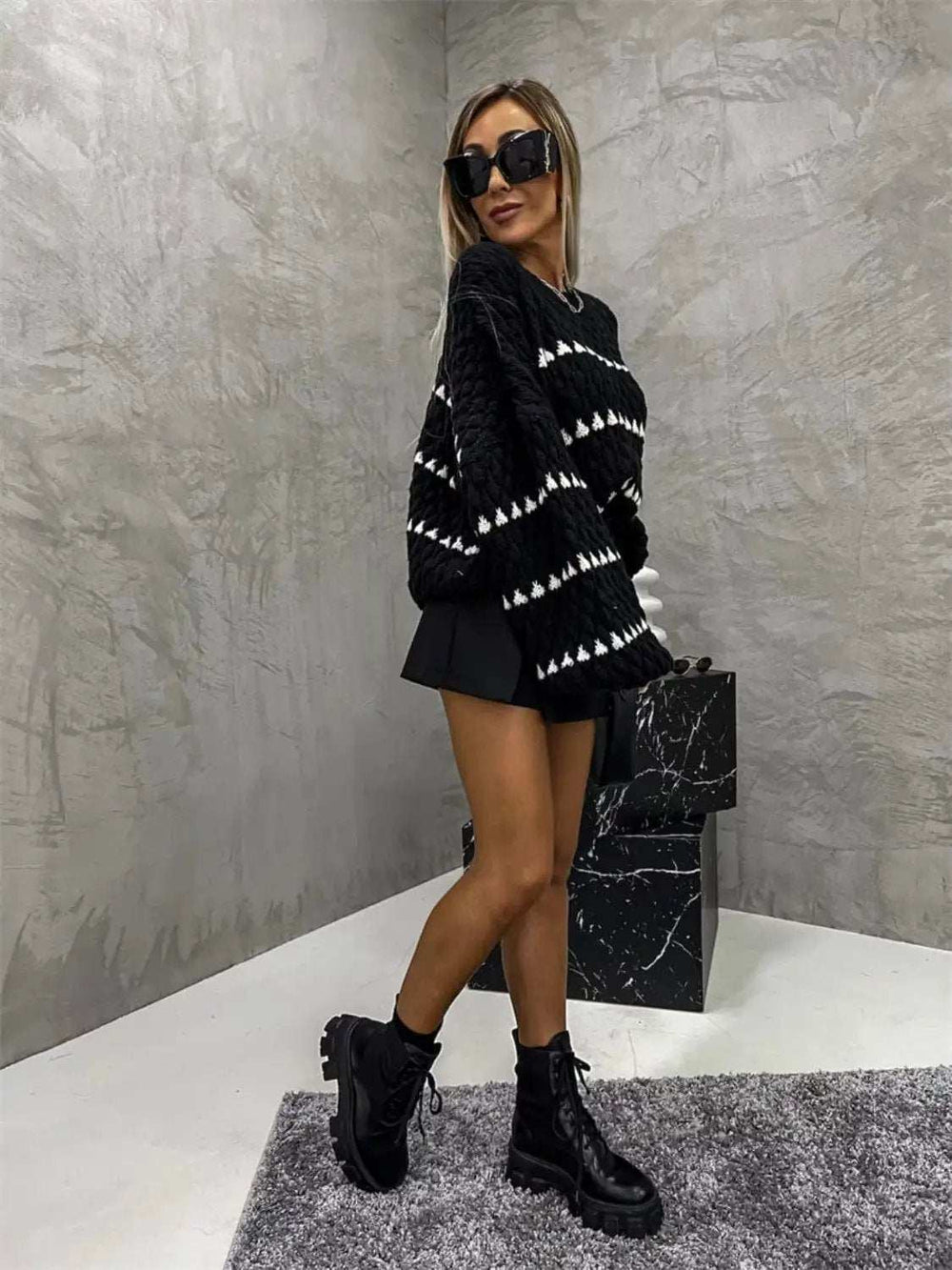 Contrast Round Neck Long Sleeve Sweater - Trendsi - Flyclothing LLC