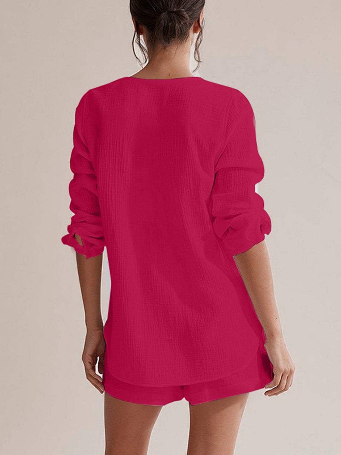 Notched Long Sleeve Top and Shorts Set - Trendsi - Flyclothing LLC