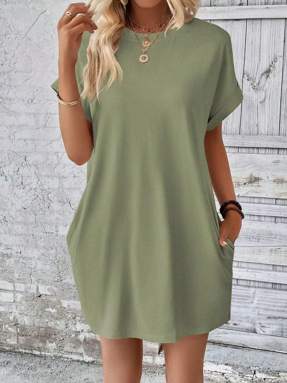 Round Neck Short Sleeve Mini Dress - Trendsi - Flyclothing LLC