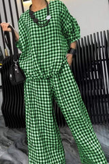 Full Size Plaid Round Neck Half Sleeve Top and Pants Set - Trendsi - Flyclothing LLC