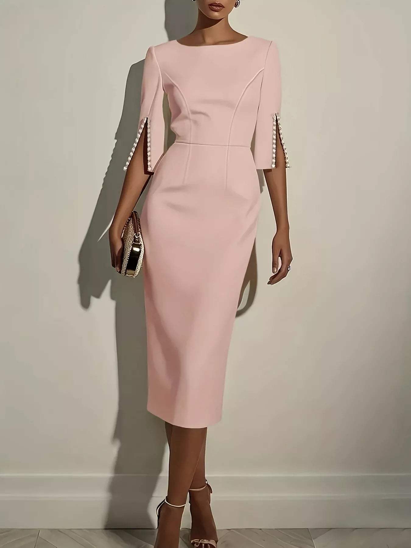 Slim-Fit Elegant Midi Dress with Beaded Slit Sleeve - Trendsi - Flyclothing LLC