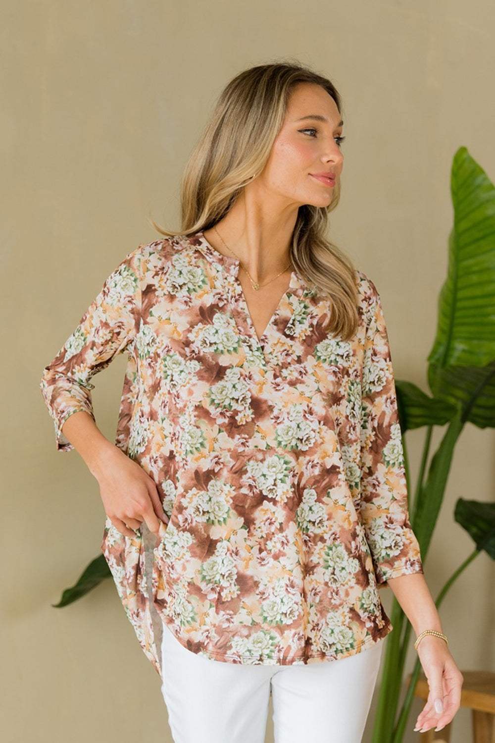 Sew In Love Full Size Wrinkle-Free Floral Notched Top - Trendsi - Flyclothing LLC