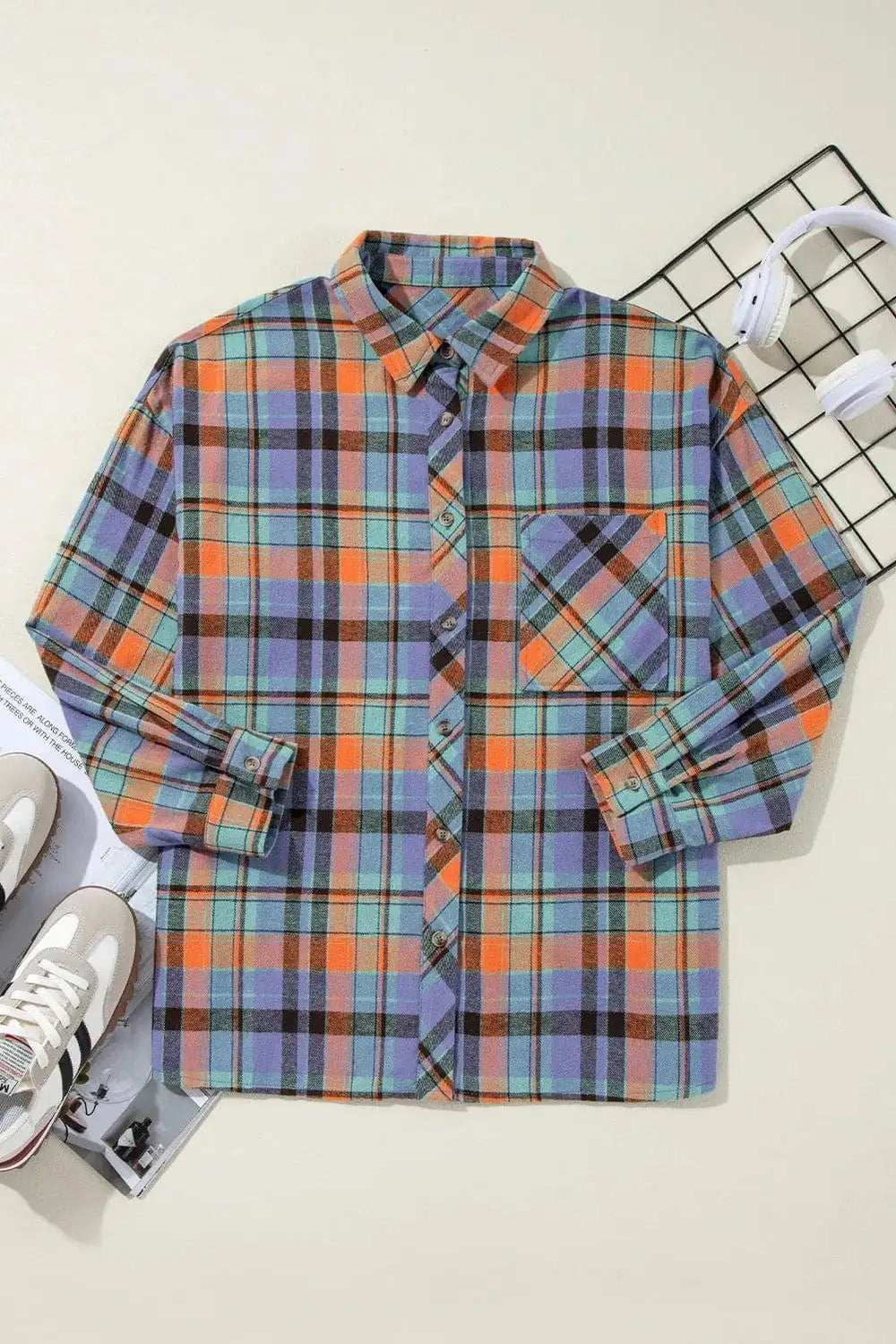 Plaid Collared Neck Long Sleeve Shirt - Trendsi - Flyclothing LLC
