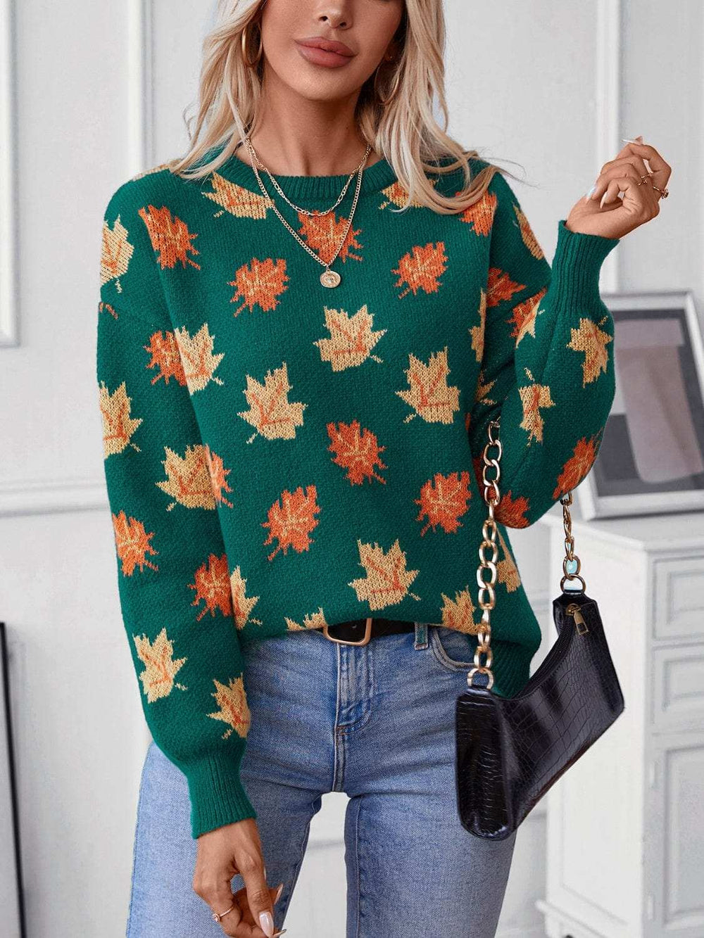 Maple Leaf Round Neck Long Sleeve Sweater - Trendsi - Flyclothing LLC