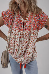 Printed Floral Embroidery Tie Neck Blouse - Trendsi - Flyclothing LLC