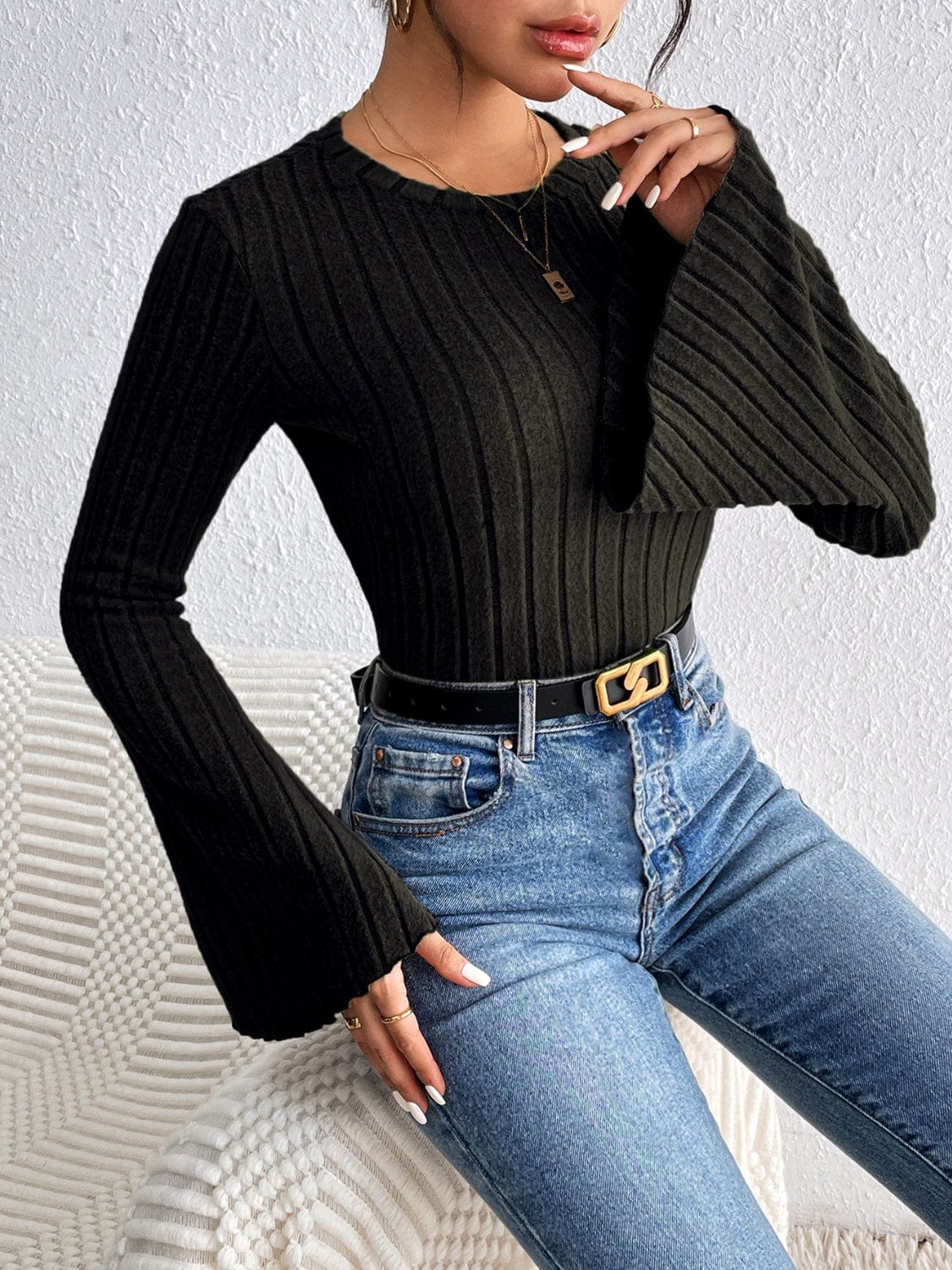 Round Neck Flare Sleeve T-Shirt - Trendsi