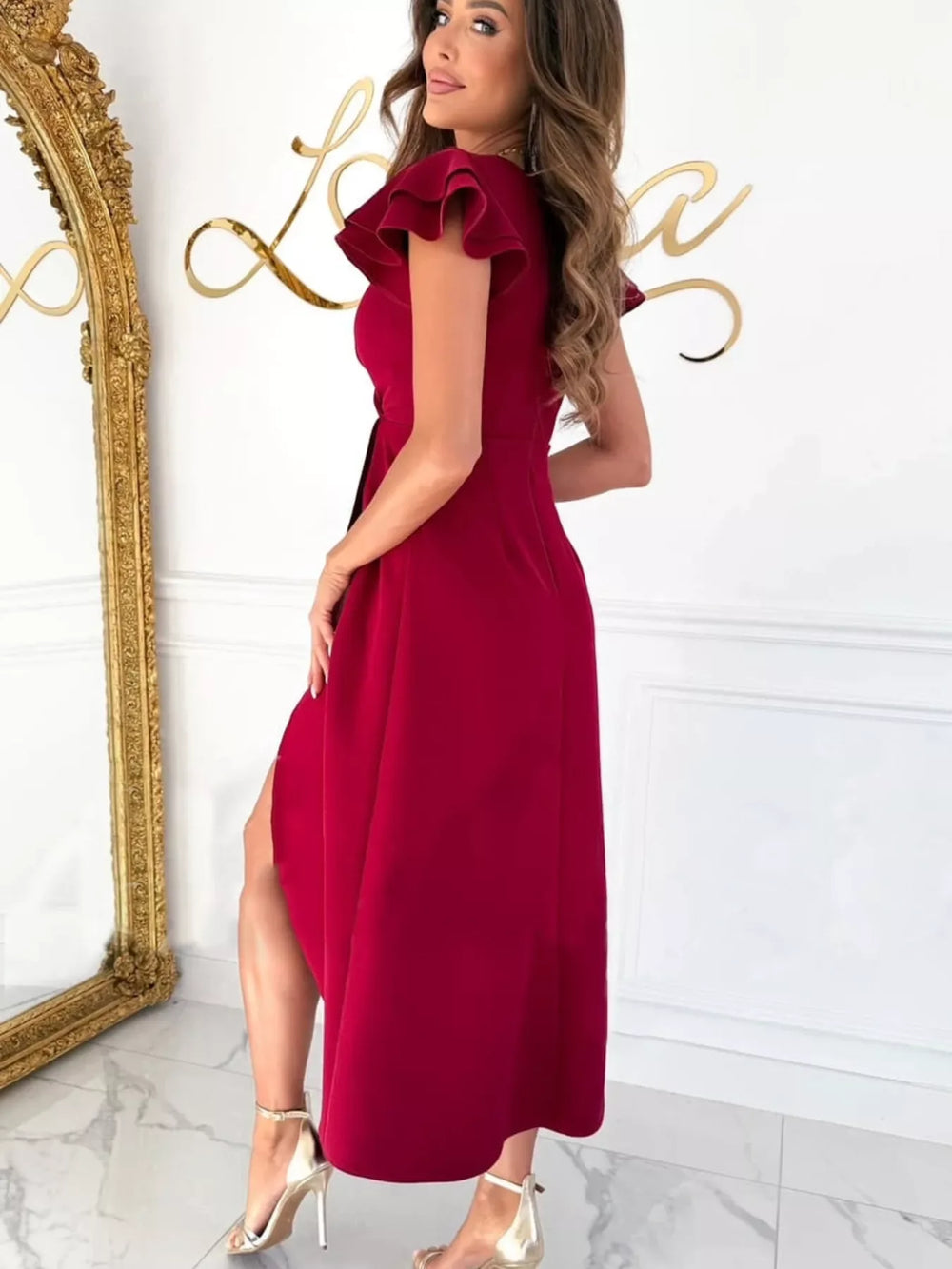 Ruffle Sleeve Wrap Midi Dress - Trendsi - Flyclothing LLC