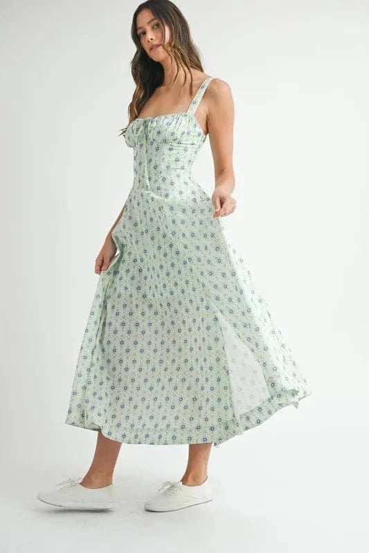 MABLE Floral Print Bustier Back Lace Up Midi Dress - Trendsi - Flyclothing LLC