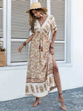 Drawstring Printed Plunge Half Sleeve Dress - Trendsi - Flyclothing LLC