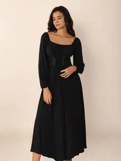 Lace-Up Square Neck Long Sleeve Midi Dress - Trendsi - Flyclothing LLC