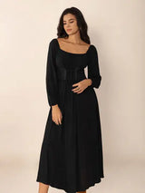 Lace-Up Square Neck Long Sleeve Midi Dress - Trendsi - Flyclothing LLC