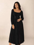Lace-Up Square Neck Long Sleeve Midi Dress - Trendsi - Flyclothing LLC