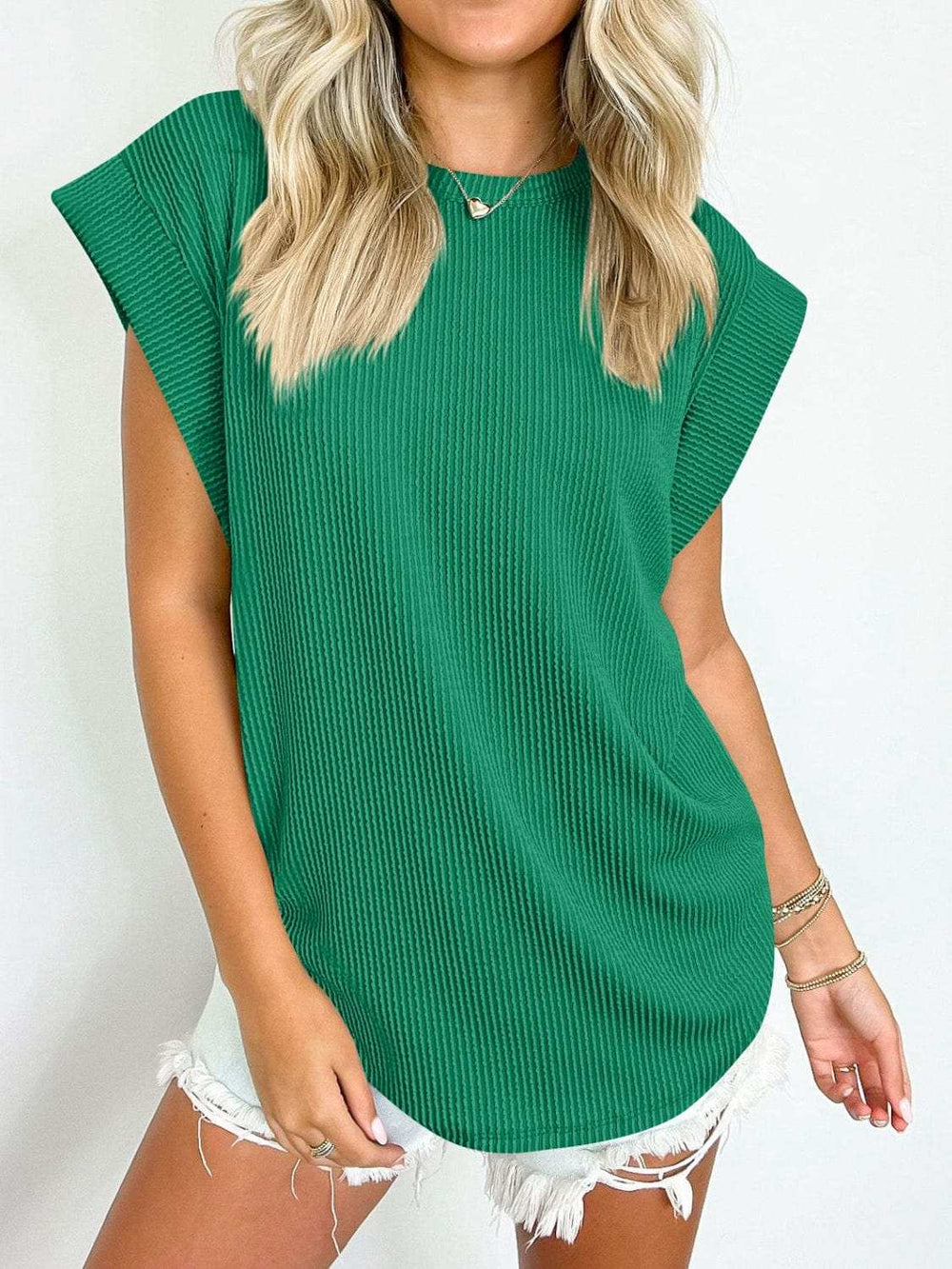 Textured Round Neck Cap Sleeve Blouse - Trendsi - Flyclothing LLC