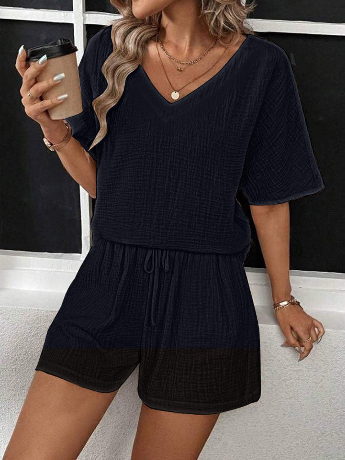 V-Neck Half Sleeve Top and Shorts Set - Trendsi - Flyclothing LLC