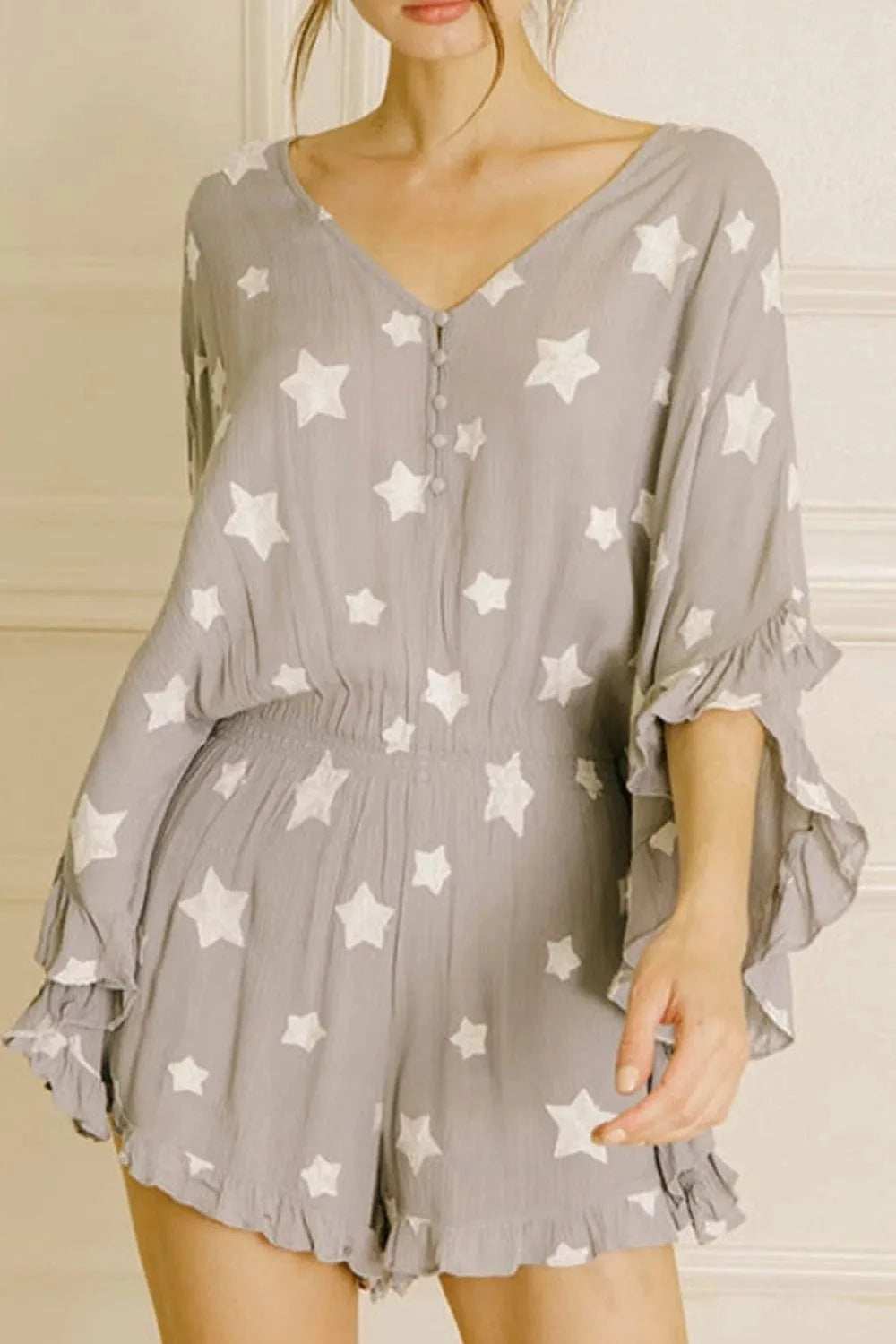 Star Print Crinkle Textured Kimono Ruffle Sleeve Romper - Trendsi - Flyclothing LLC
