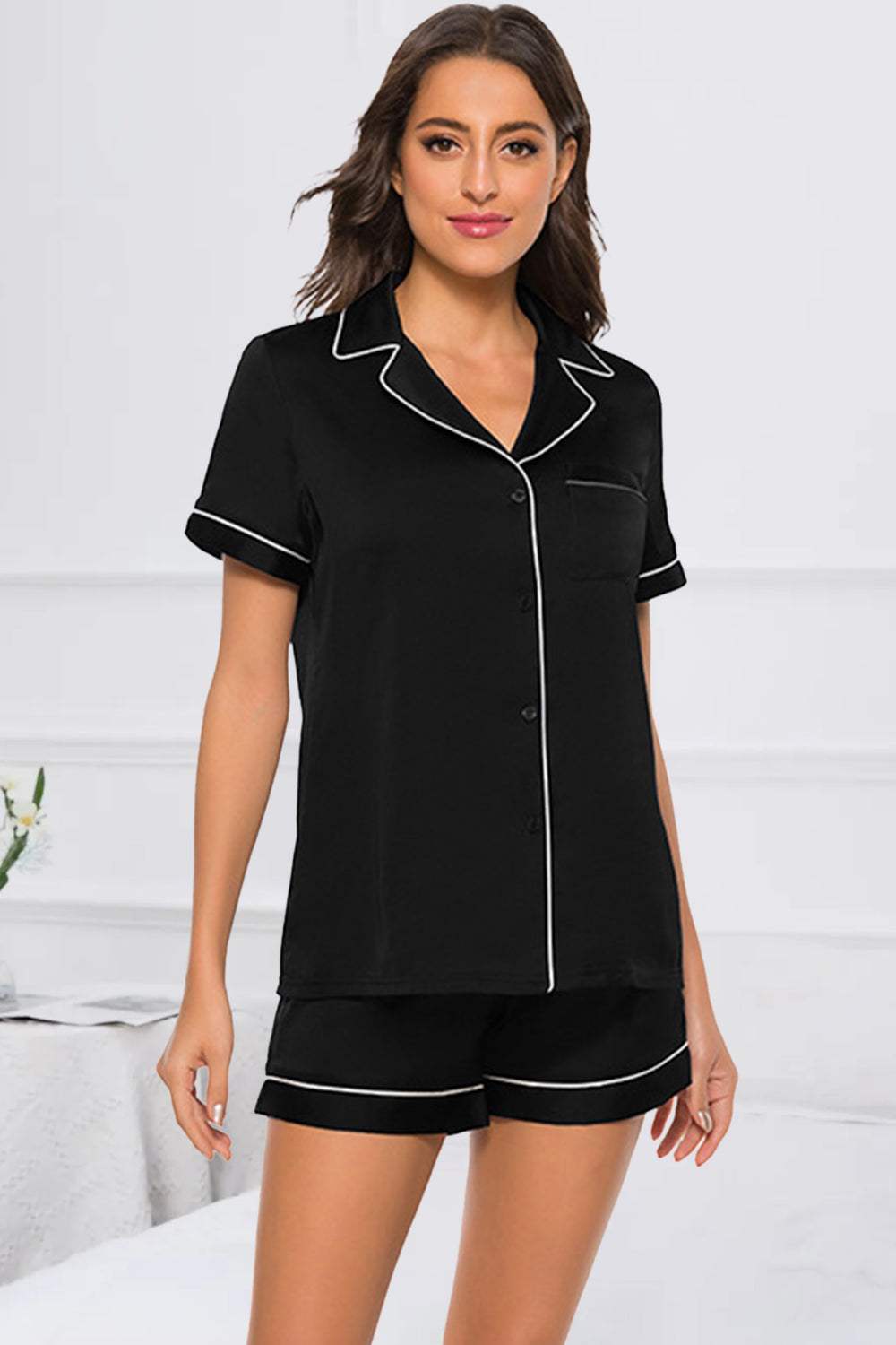 Printed Button Up Short Sleeve Top and Shorts Lounge Set - Trendsi - Flyclothing LLC