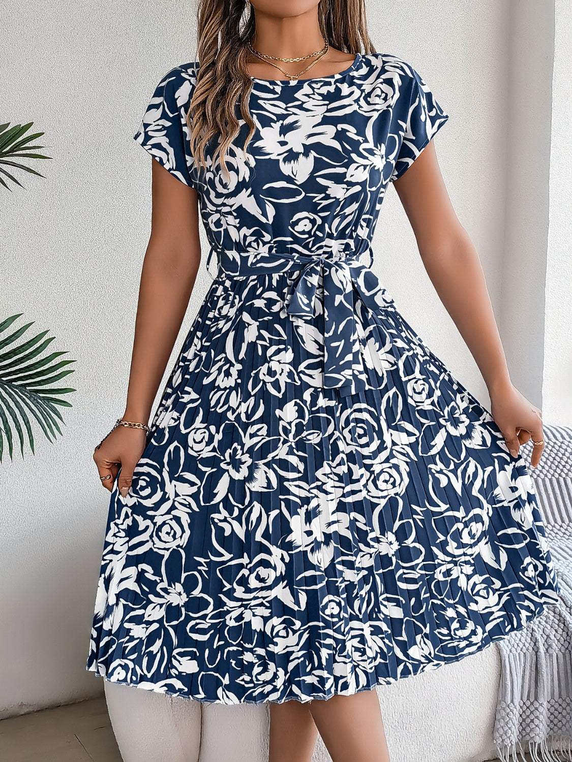 Tied Pleated Printed Short Sleeve Dress - Trendsi - Flyclothing LLC