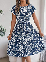 Tied Pleated Printed Short Sleeve Dress - Trendsi - Flyclothing LLC