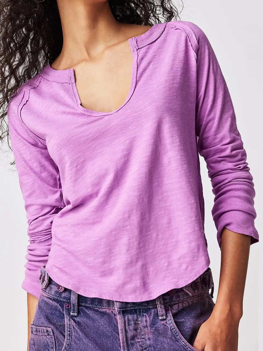 Exposed Seam Notched Long Sleeve T-Shirt - Trendsi - Flyclothing LLC