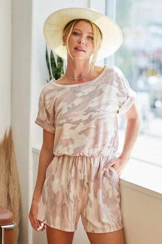 BiBi Camo Print French Terry Romper with Side Pockets - Trendsi - Flyclothing LLC