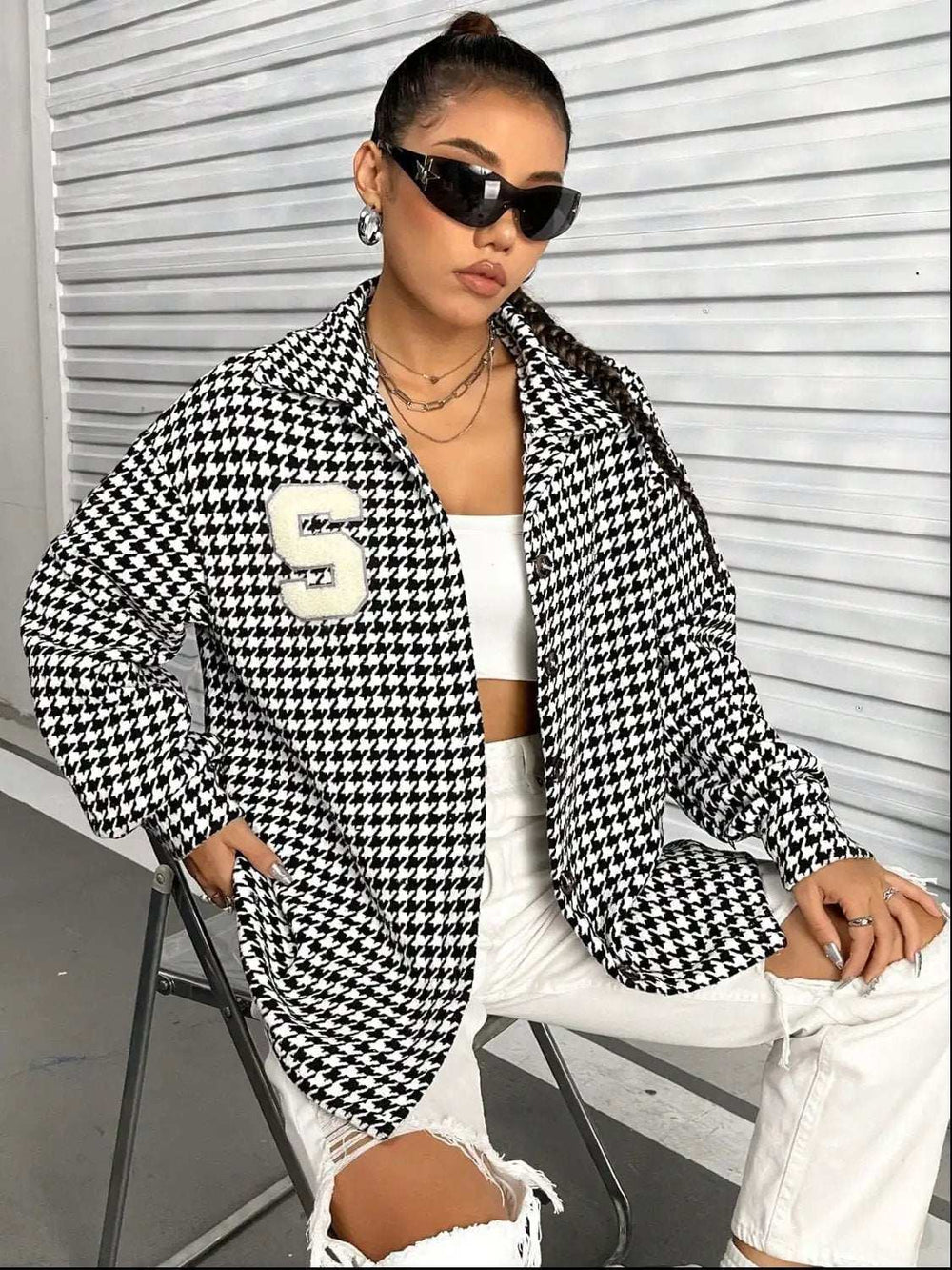 Houndstooth Button Down Long Sleeve Shacket - Trendsi - Flyclothing LLC