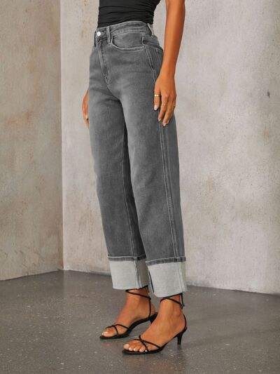 High Waisted Straight Leg Rolled Jeans - Trendsi - Flyclothing LLC