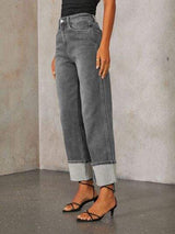 High Waisted Straight Leg Rolled Jeans - Trendsi - Flyclothing LLC