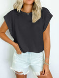 Textured Round Neck Cap Sleeve Blouse - Trendsi - Flyclothing LLC