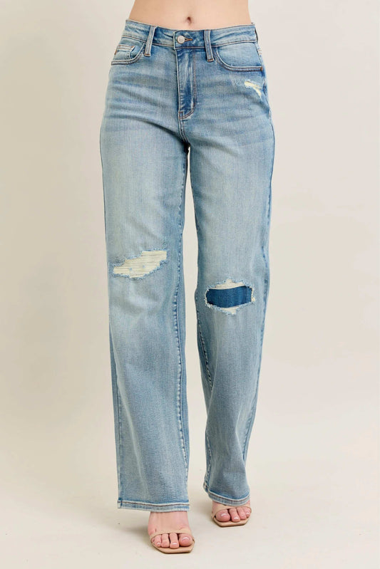 Judy Blue Full Size Hw Destroy & Knee Patch Straight Jeans Plus Size - Trendsi - Flyclothing LLC