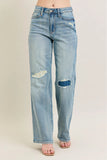Judy Blue Full Size Hw Destroy & Knee Patch Straight Jeans Plus Size - Trendsi