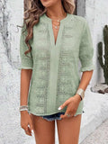 Eyelet Notched Flounce Sleeve Blouse - Trendsi - Flyclothing LLC