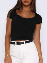 Lace Detail Scoop Neck Short Sleeve T-Shirt - Trendsi - Flyclothing LLC
