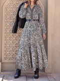 Printed Notched Long Sleeve Maxi Dress - Trendsi