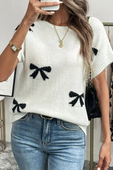 Bow Pattern Knit Short Sleeve Sweater - Trendsi - Flyclothing LLC