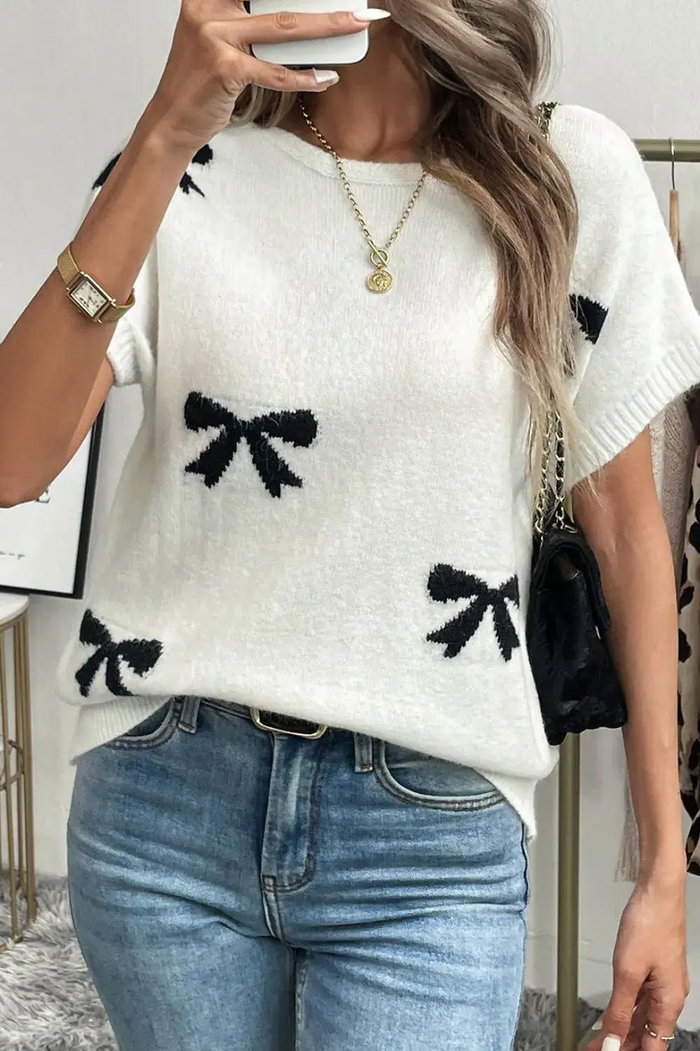 Bow Pattern Knit Short Sleeve Sweater - Trendsi - Flyclothing LLC