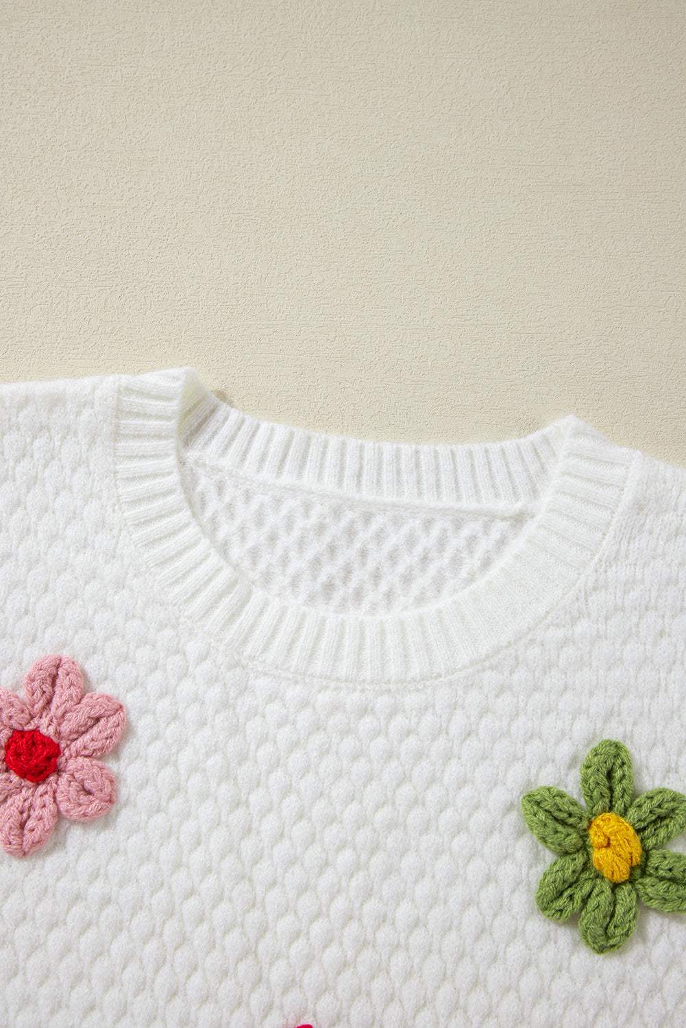 Crochet Flower Round Neck Long Sleeve Sweater - Trendsi - Flyclothing LLC