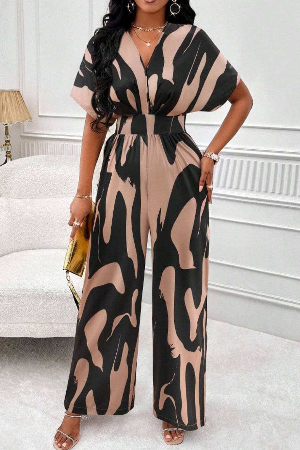 Printed V-Neck Short Sleeve Wide Leg Jumpsuit - Trendsi - Flyclothing LLC