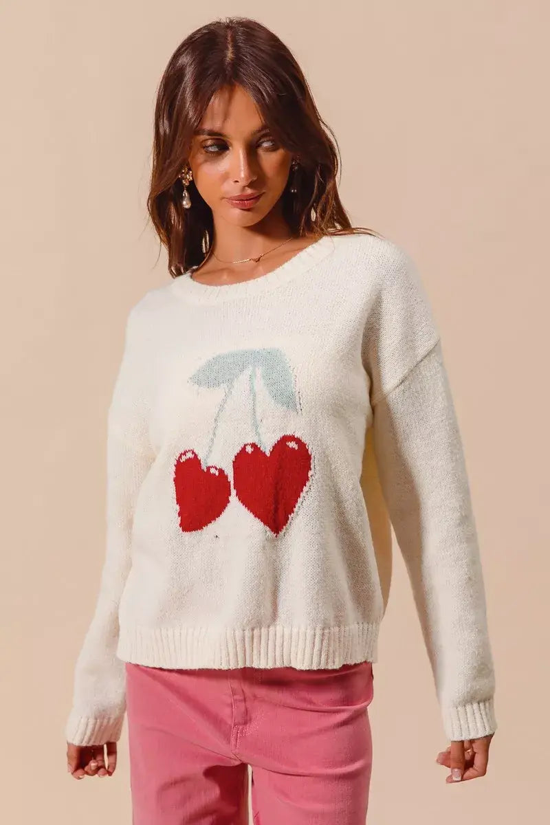SO ME Heart Cherry Knitted Valentine Sweater Top - Trendsi - Flyclothing LLC