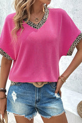 V-Neck Leopard Trim Ribbed Blouse - Trendsi - Flyclothing LLC