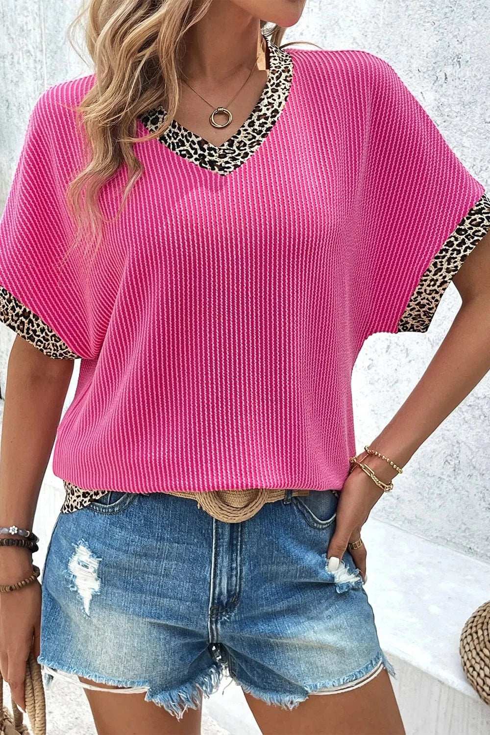 V-Neck Leopard Trim Ribbed Blouse - Trendsi - Flyclothing LLC