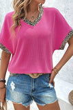V-Neck Leopard Trim Ribbed Blouse - Trendsi - Flyclothing LLC
